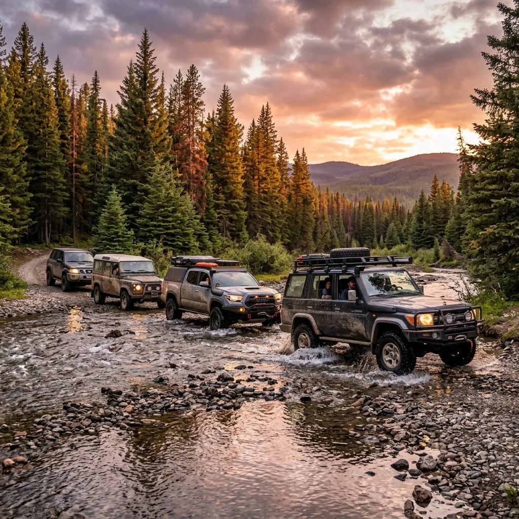 Caravana 4x4 cruzando un río en la Sierra Norte de Puebla