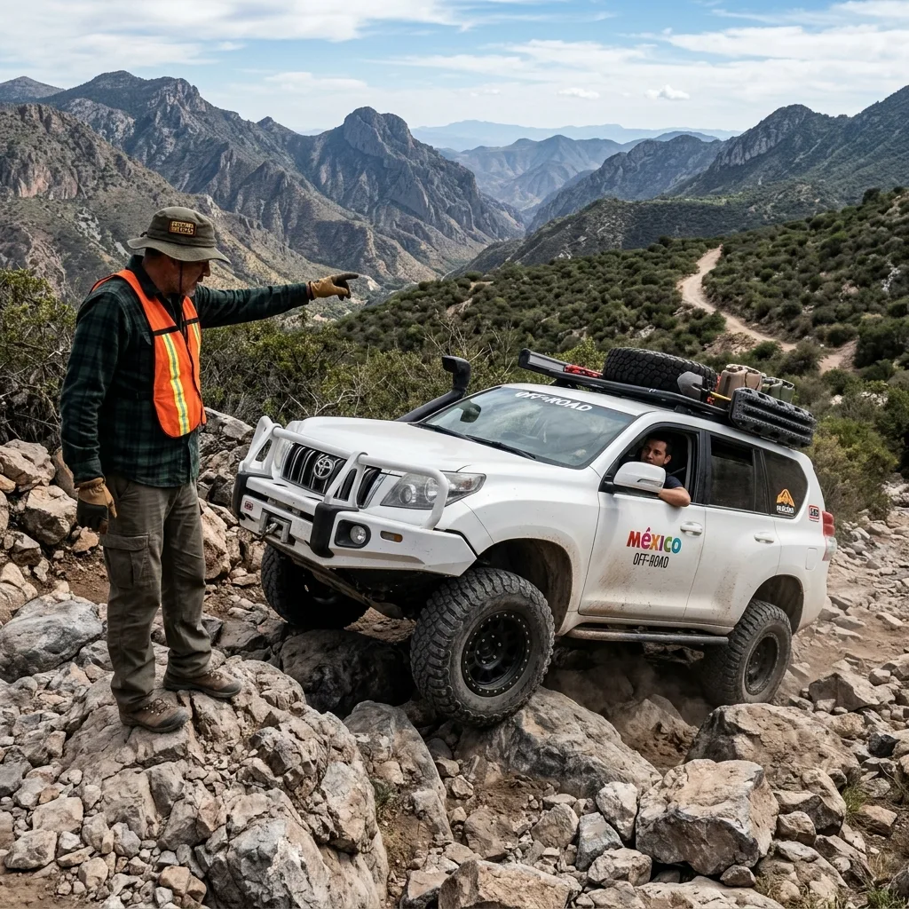 Toyota Land Cruiser escalando rocas con guía de trail