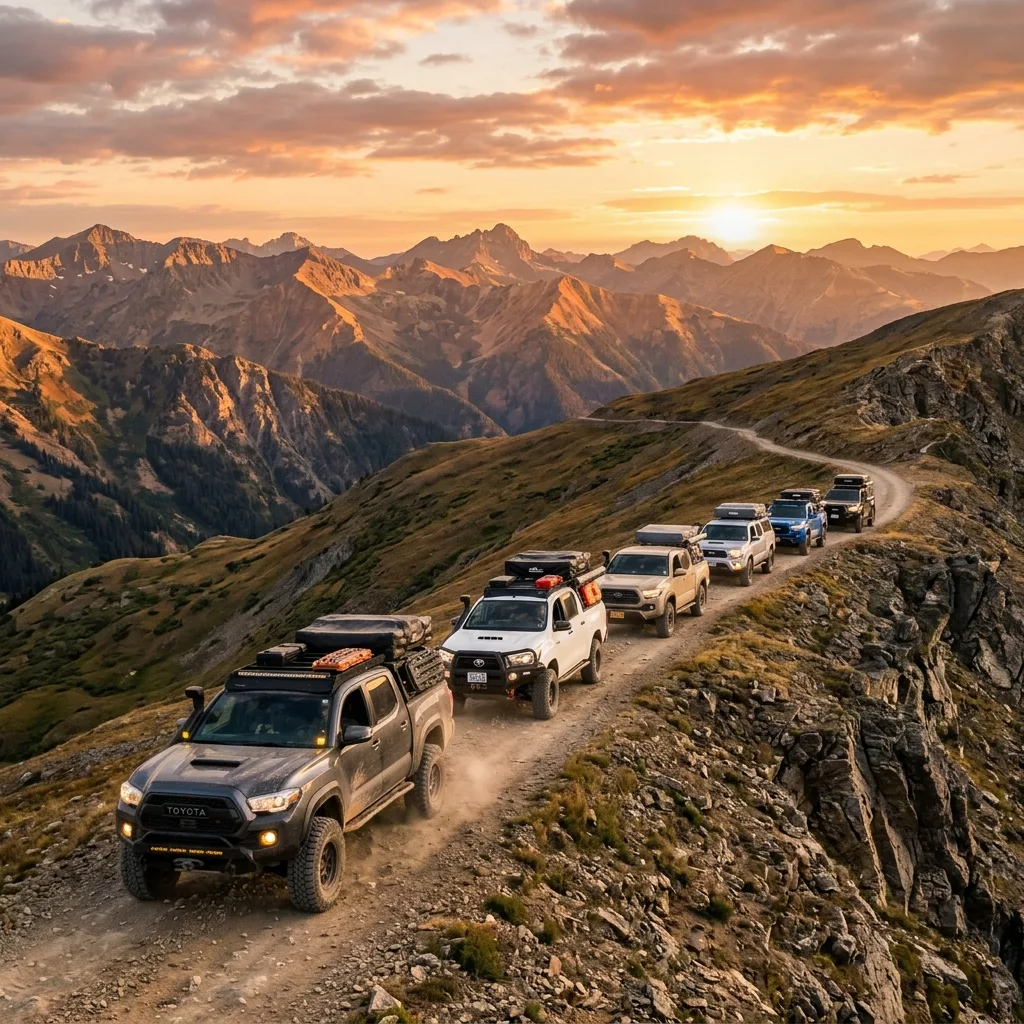 Caravana off-road al atardecer en el bosque
